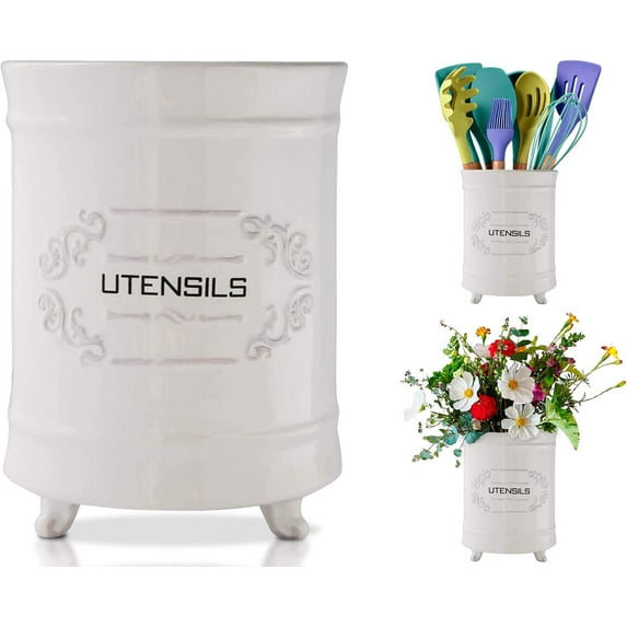 ite Ceramic Utensil Holder – Vintage Style Kitchen Caddy – Shabby Chic Countertop Organizer – Rustic French Country Crock for Cooking Enthusiasts