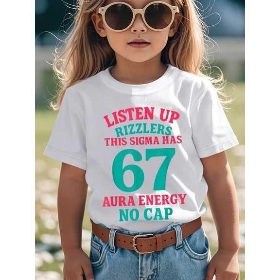 item picture childrens 67 point text print t shirt white round neck summer casual top with 67 design fit for shorts outfits machine washable kids clothing for parties casual attire
