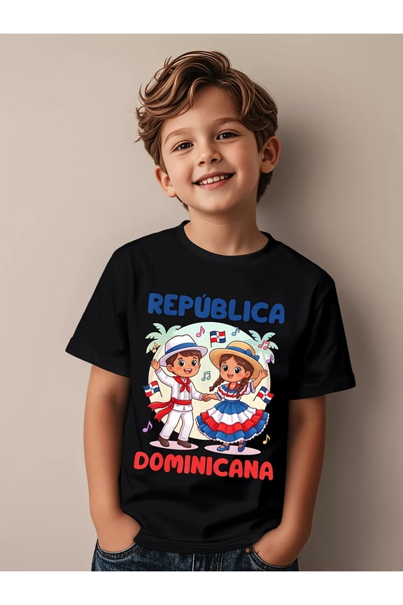 item picture cute dominican dancer in traditional attire flag series short sleeve t shirt for boys and girls casual wear round neck slightly elastic fabric suitable for vintage style regular fit