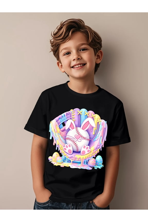 item picture cute glove baseball bunny easter ice cream drip series boys and girls short sleeve t shirt casual childrens clothing suitable as birthday gifts daily wear and outfits