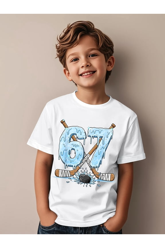 item picture funny 67 ice hockey drip graphic t shirt cute trendy cool tees tops for kid regular sleeve crew neck medium stretch fabric casual wear