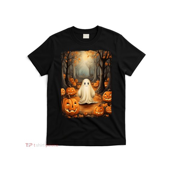 item picture old fashioned ghost and pumpkin artwork for fall and halloween featuring retro design round neck short sleeves and machine washable fabric casual sportswear