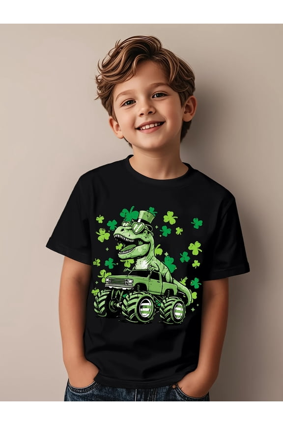 item picture st patricks day truck dinosaur t rex irish series kids short sleeve t shirt casual wear round neck slightly stretchy fabric birthday gifts and daily wear vintage style