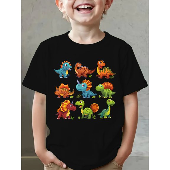 item picture summer boys fashion short sleeve t shirt with triceratops and other element cartoon print outdoor casual top ny dx7044