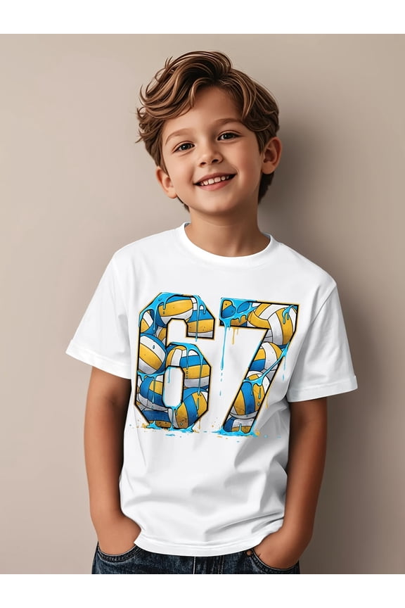 item picture volleyball 67 sport funny gen alpha z meme drip novelty aesthetic graphic kid t shirt casual crew neck pullover with geometric pattern medium stretch fabric weekend casual wear