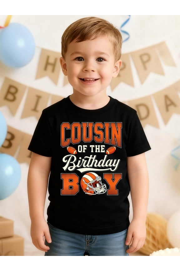 item picture white and black t shirt for the cousin of the birthday boy ideal for a football themed party made from breathable and comfortable making it birthday and outdoor activities