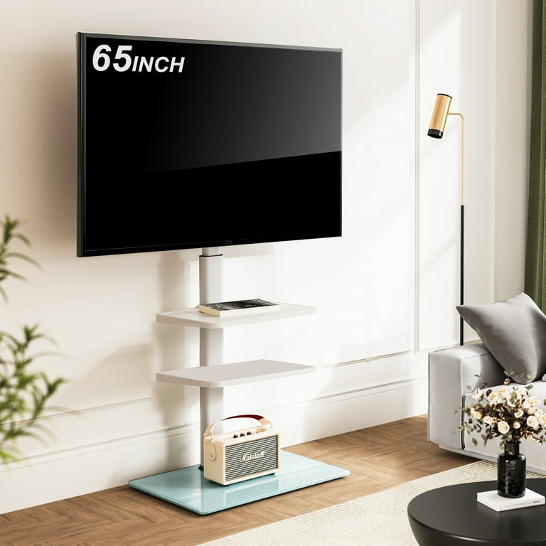 FITUEYES Tempered Glass Base Floor TV Stand 32 65 Inch Height adjustable Swivel TV Stand with Mount with Two Shelves White Walmart