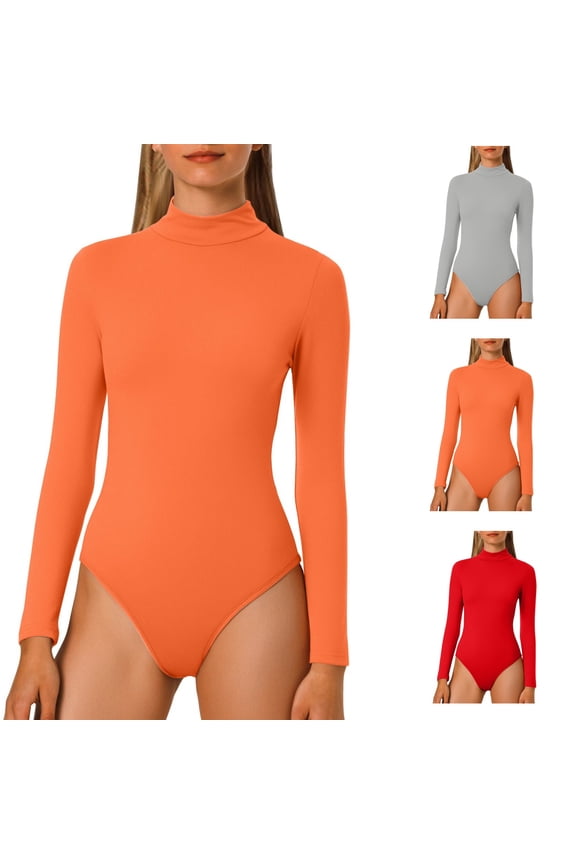 Women's Turtle Neck Slim Fit Long Sleeve Tops Bodysuit Jumpsuit Orange