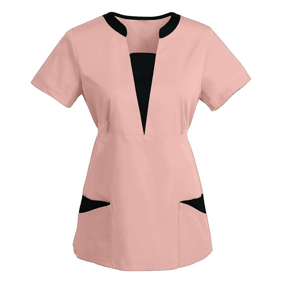 itvber Womens Scrubs Top V Neck Housekeeping Uniforms Women's Lightweight Stretchy Scrubs for Cleaning Jobs with Pocket Pink L