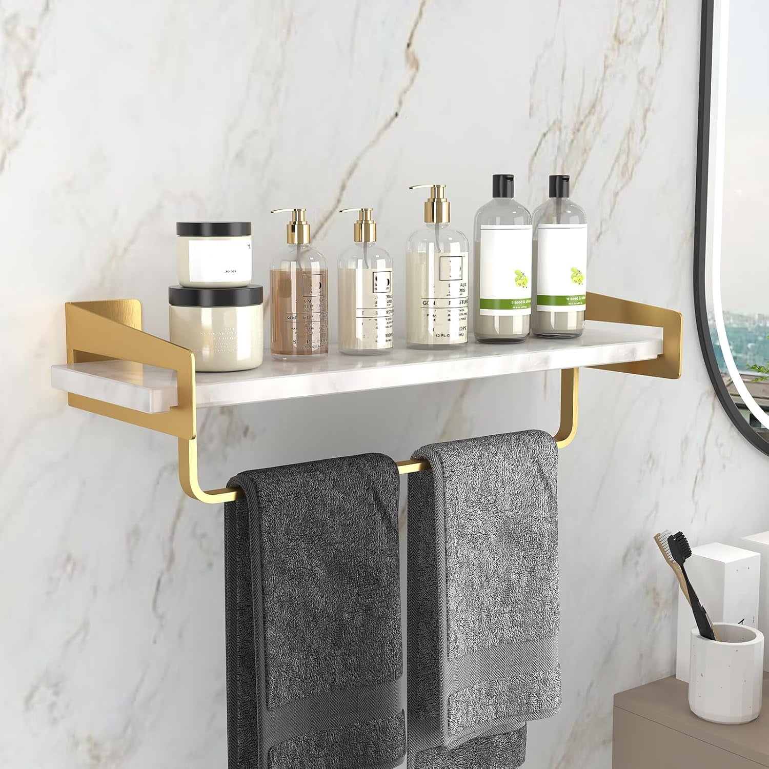 iuhbpok Marble Bathroom Shelf with Towel Bar 16" Metal Floating Shelf ...