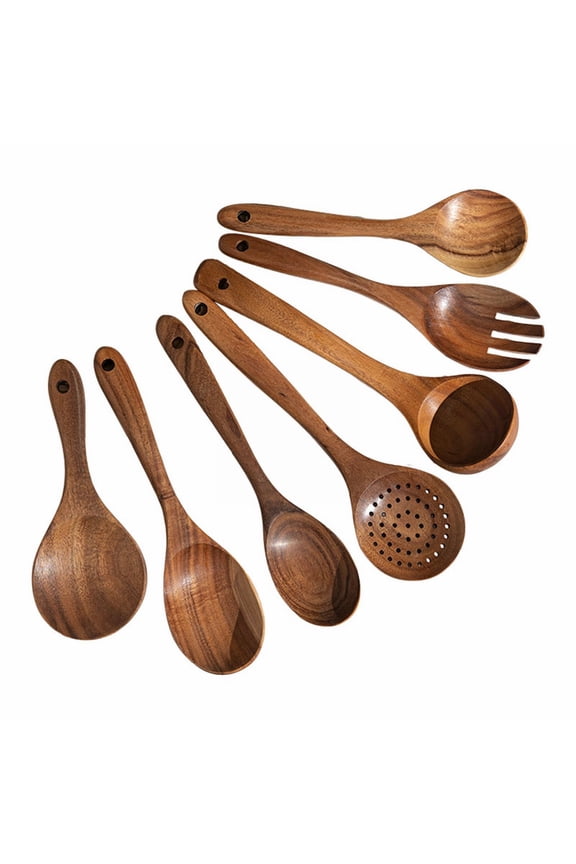 ive Tableware 7-Piece Teak Wood Cooking Utensils Set for Nonstick Kitchens with Spatula and Spoons, Coffee