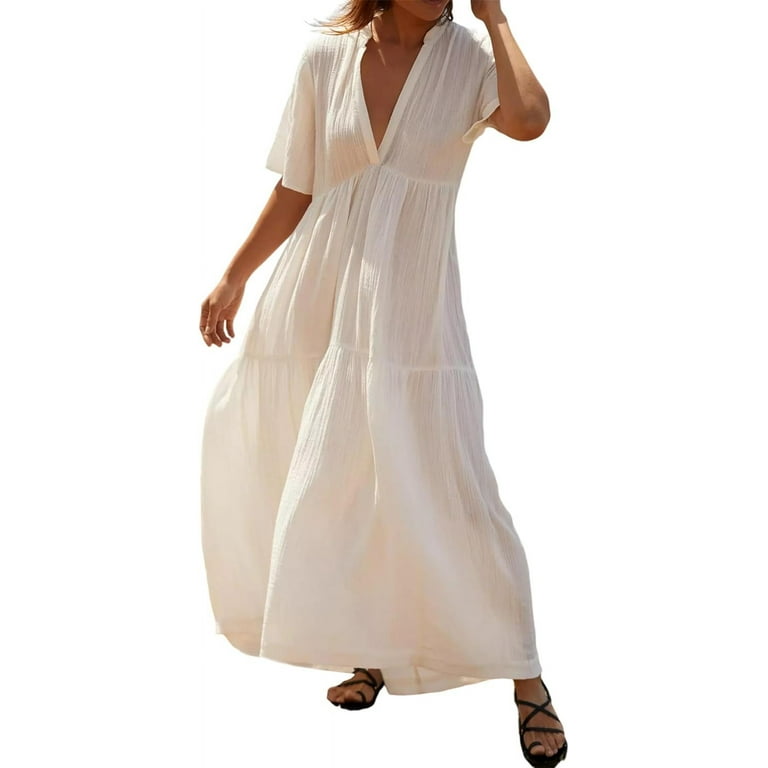 ivimos Womens Summer Cotton Flowy Maxi Dress Short Sleeve V Neck Empire Waist Boho Tiered Ruffle Casual Loose Long Dress White Medium Walmart