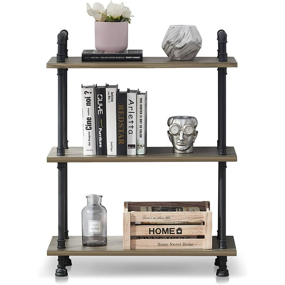 ivinta 3-Tier Bookshelf, 30" Bookcase with Metal Pipes for Living Room, Bedroom, Home Office, BS303BLK (Rustic Brown)