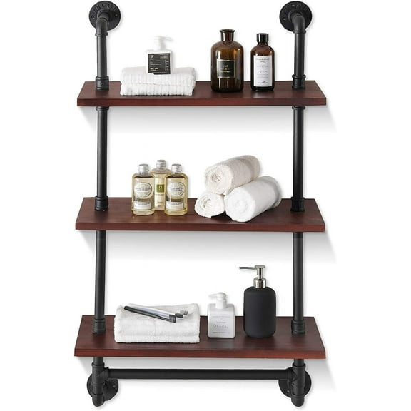 ivinta 3-Tier Floating Shelves, 24" Pipe Wall Shelf Rustic Wall Mounted Storage Shelves with Towel Bar for Bathroom Living Room Home Office HG333 (Rustic Brown)