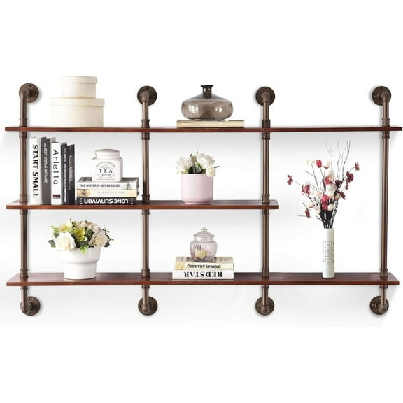 ivinta 3-Tier Pipe Bookhelf, Wall Mounted Industrial Shelves for Living Room Bedroom Bathroom Kitchen Caber