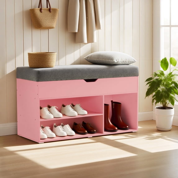 Ivinta Shoe Storage Bench with 4" Cushion, 2-Tier Entryway Organizer with Hidden Compartment, 37", Pink
