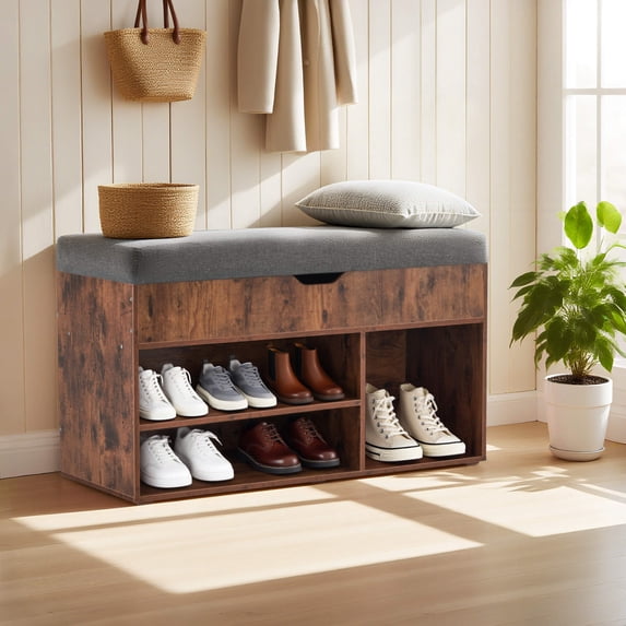 Ivinta Shoe Storage Bench with 4“ Cushion, 2-Tier Entryway Organizer with Hidden Compartment, 37", Rustic Brown