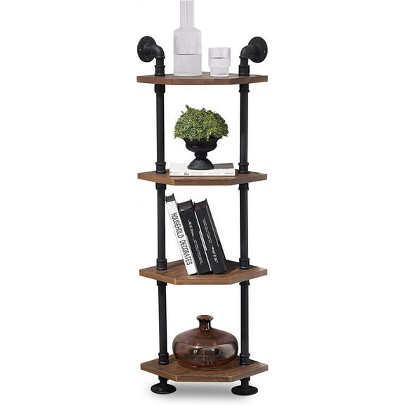 ivinta 4-Tier Pipe Shelves, Industrial Wall Mount Corner Bookcase Shelf with Solid Wood for Living Room Home Office Bedroom (Rustic Brown)