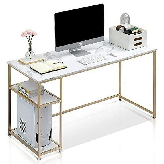 ivinta Computer Desk with Shelves, Office Desk for Living Room,Small Desk with Storage Space, Home Office Desks, Vanity Desk with Gold Legs PC Laptop Table Whale-ML55 (White, 55")