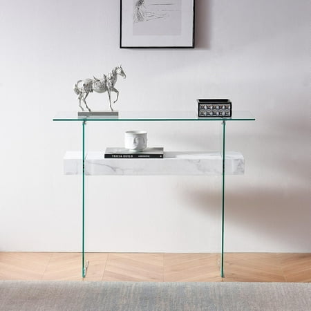 ivinta Glass Entry Table with Storage, 39.4" Modern Console Table for Living Room, Foyer, Hallway, Bedroom 5101 (White)