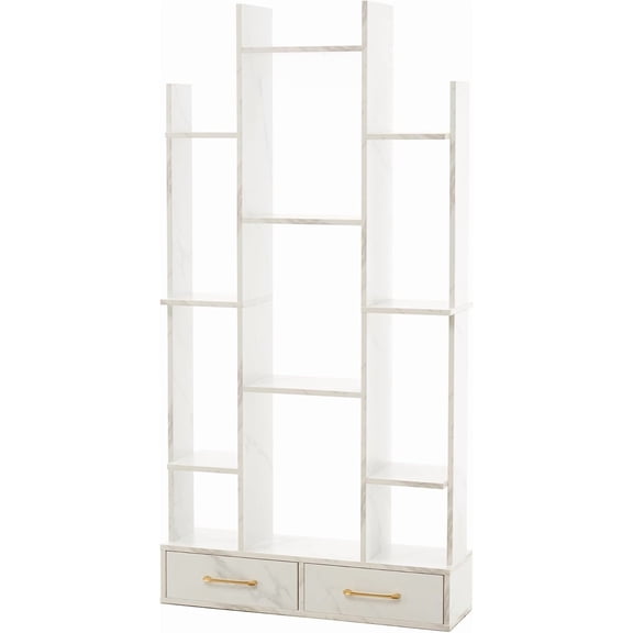 ivinta Mountain-Shaped Bookshelf Bookcase, 67" Large Open Shelves with 2 Storage Drawers, Display Rack for Office, Living Room, Bedroom, Library, Study Room 1661 (White)