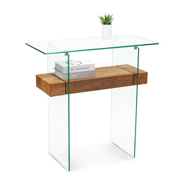 Ivinta Modern Console Table, Brown - Wood and Glass Entryway Sofa Desk with Storage