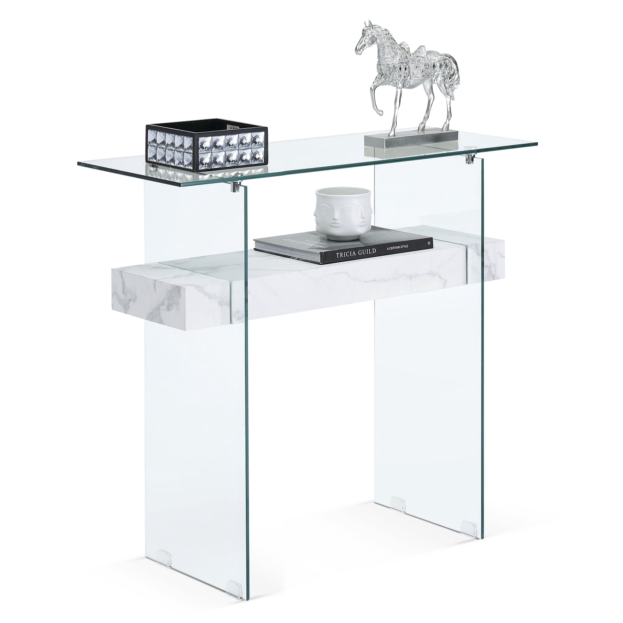 ivinta Narrow Glass Console Table with Storage Modern Sofa Table Entryway Table Glass Writing Desk Small Computer Desk TV Table Buffet Table Modern Accent Table for Small Space