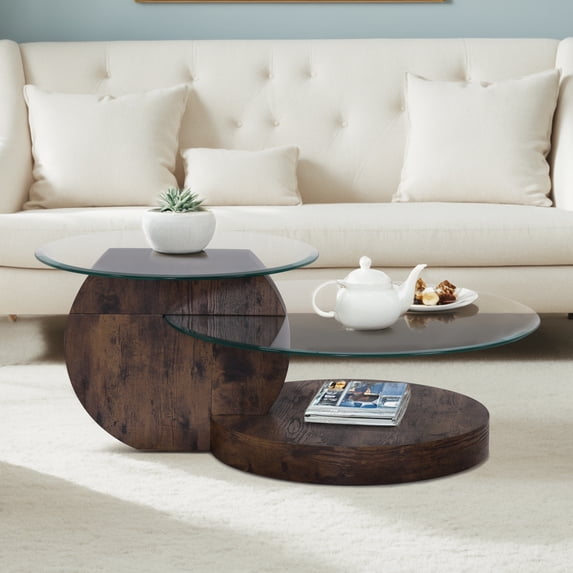 ivinta Round Coffee Table, Modern Center Table for Living Room,42" W×31" D×17" H (Rustic Brown+Glass)
