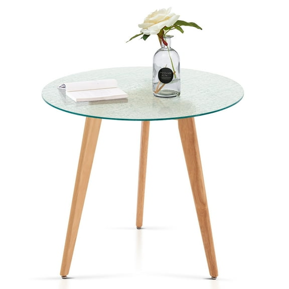 Ivinta Small Modern Round Glass Dining Table with Water Rippled Tabletop, Wood Legs for Dining Room