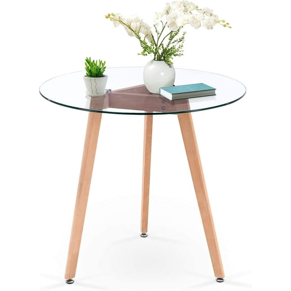 ivinta Round Glass Dining Table 31.5" Circle Tempered Glass Top Wood Legs for 4