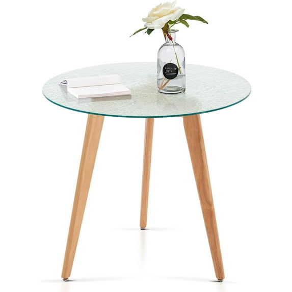 ivinta Round Glass Dining Table 31.5 inch with Wood Legs Natural for 2-4 People
