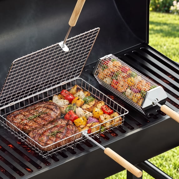 Grill Basket, Removable Wooden Handle, 304 Stainless Steel, BBQ Rolling Tools, Smoker Grilling Accessories for Vegetable Fish, Outdoor Cooking Camping, Birthday Gifts for Men Dad Husband