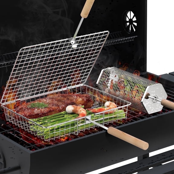 Grill Basket, Removable Wooden Handle, 304 Stainless Steel, BBQ Rolling Tools, Smoker Grilling Accessories for Vegetable Fish, Outdoor Cooking Camping, Birthday Gifts for Men Dad Husband