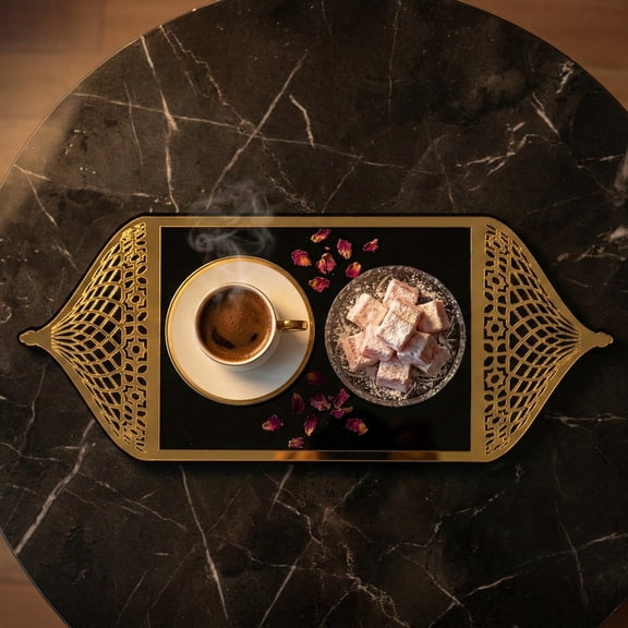 iwa Concep Ramadan Serving Tray with Mosque Dome Handles – Date & Coffee Platter, Black Gold– 6x12 in