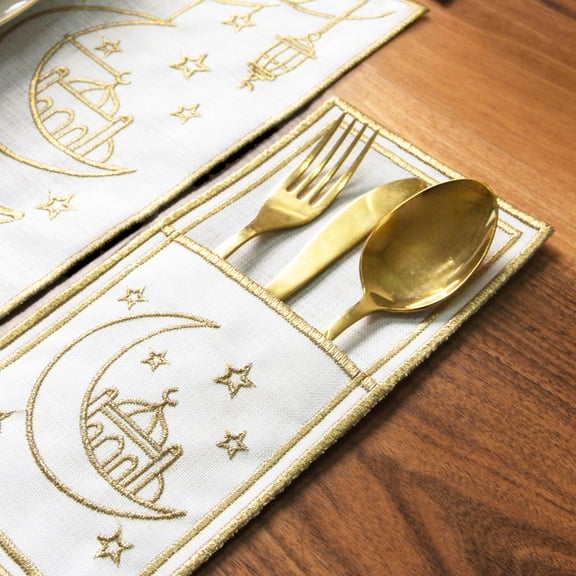 iwa Concept 24 Piece Ramadan Placemat Set for 6 with Moon Mosque Design and Arabic Calligraphy Islamic Table Decor Eid Tableware, White Linen Table Mats with Decorative Border, Gold