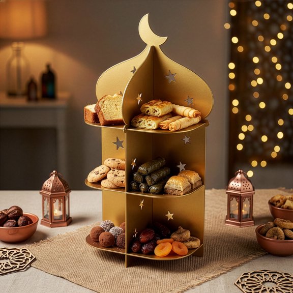 iwa Concept Metal Minaret Serving Stand, Ramadan Iftar Date & Sweet Tray, Table Decor Eid Gifts, Gold, 12"x6.3"