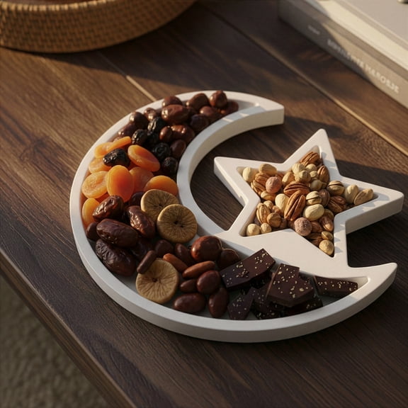iwa Concept Wooden Ramadan Tray with Crescent Moon & Star Design, Iftar and Ramadan Celebrations Nut and Sweets Presentation Plate, White