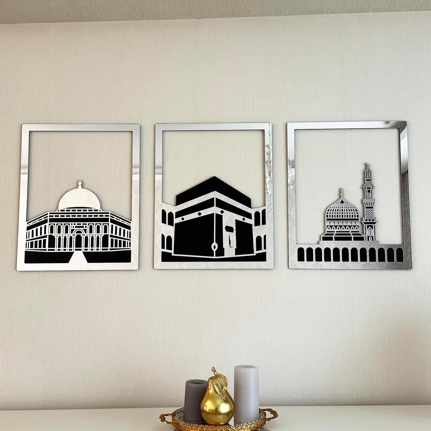 Iwa Concept Islamic Wall Art - Masjid Al Aqsa, Kaaba & Masjid An-Nabawi Wooden Decor, Silver, Medium (All Three)