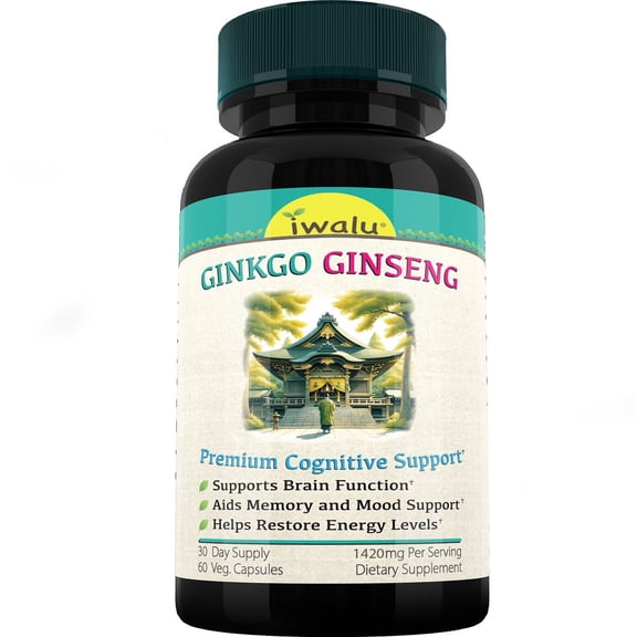 iwalu Ginkgo Ginseng | Memory Focus & Circulation Support - Natural Cognitive & Energy Boost Supplement | 60 Vegan Capsules | NSF Certified and USA Made