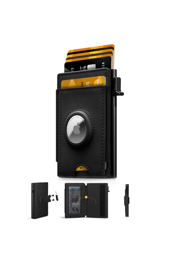 Slim Airtag Wallet for Men: Pop Up Bifold Wallet with Detachable Money Clip ID Window for Air Tag(1st & 2nd Generation) - RFID Blocking for 8-10 Cards Cash - Gift Box Included (Black) Y101