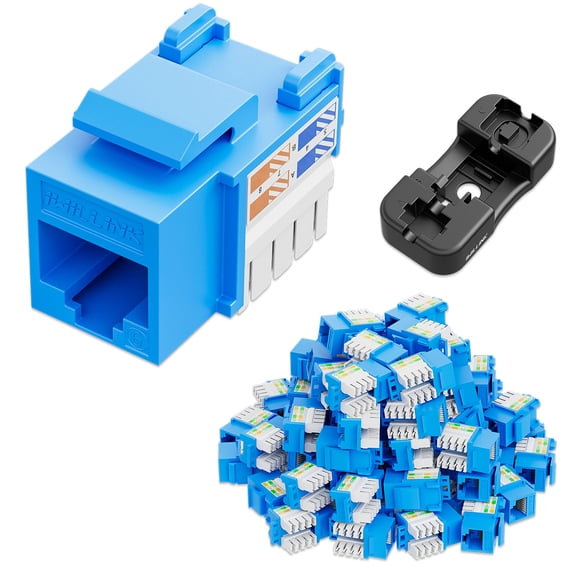 iwillink 50-Pack Cat6 Keystone Jack and Punch-Down Stand, RJ45 Ethernet Keystone Jack Set, 90-Degree UTP Modular Punch Down Keystone Jack Adapter, Blue