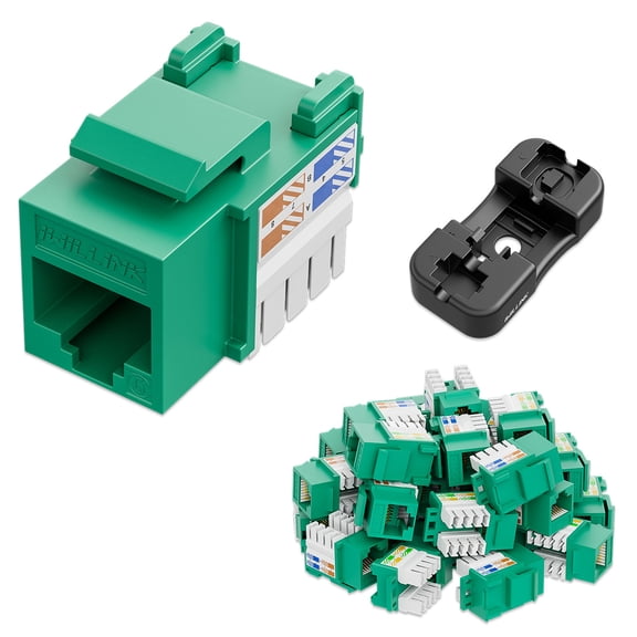 iwillink Cat6 Keystone Jack RJ45 Keystone Jack 25-Pack and Keystone Punch-Down Stand, 90-Degree Ethernet Keystone Modules, Punch Down Keystone Jack Adapter, Green