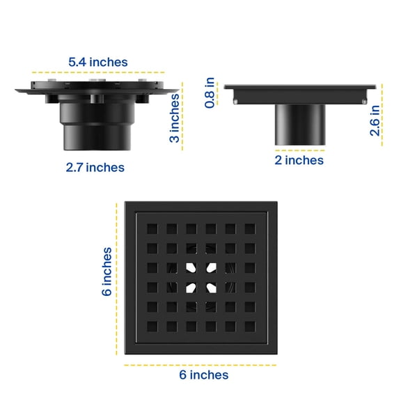 ixir  Square Stainless Steel Shower Drain - Matte Black 6-inch