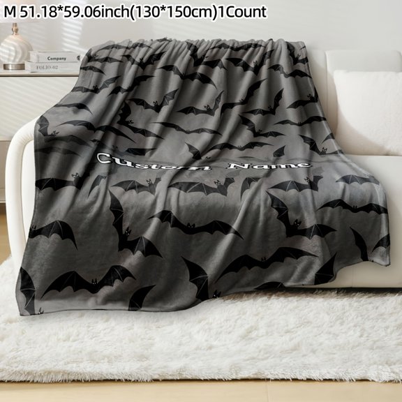 ized Name Bat Blanket - Text/Name, Soft Flannel Bedspread with Bat Silhouettes & Grey/Green Camo-like Pattern, All-Season Cozy Gift & s, Machine Washable Bed, Sofa, Office Throw (Halloween/Christmas)
