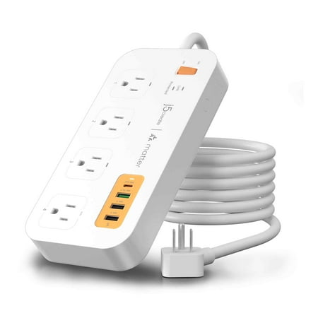 j5create - 4-Outlet/3-USB-A/1-USB-C 500J Smart Matter Enabled Surge Protector Power Strip - White & Orange