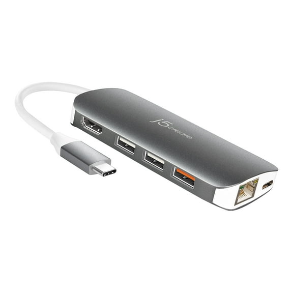 j5create USB Type-C Adapter USB 3.0 Hub with HDMI, Gigabit Ethernet and SD & microSD, JCD383