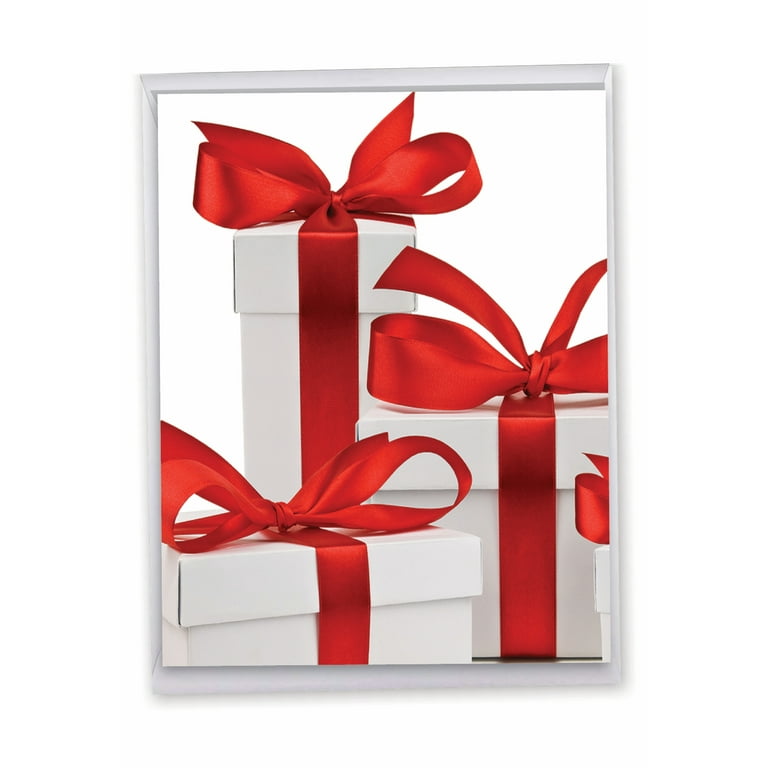 j6025hxsg large merry christmas card: 'season's surprises' featuring image  of white gift boxes adorned with red ribbons and bows greeting card with