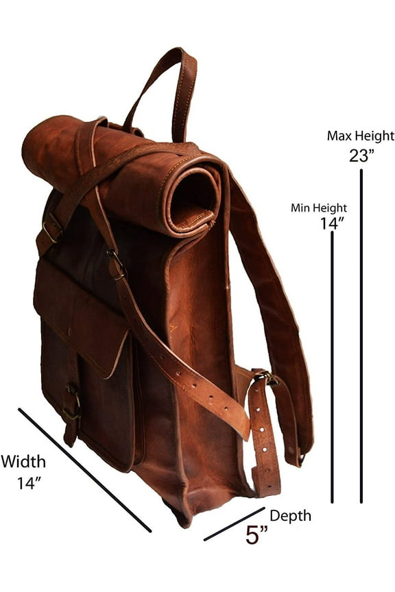 23" Brown Leather Backpack Vintage Rucksack Laptop Bag Water Resistant Roll Top College Bookbag Comfortable Lightweight Travel Hiking/picnic For Men
