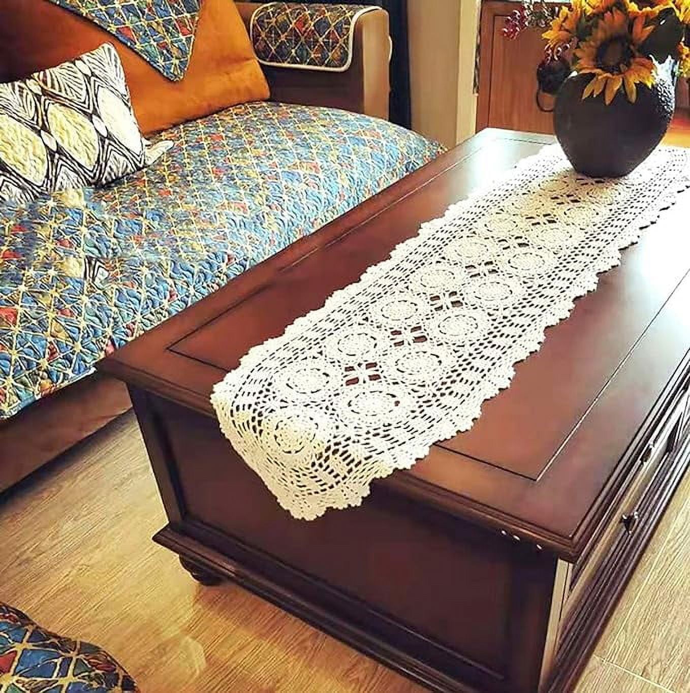Beige Handmade Cotton Crochet Lace Table Runner, 16x51 Inches