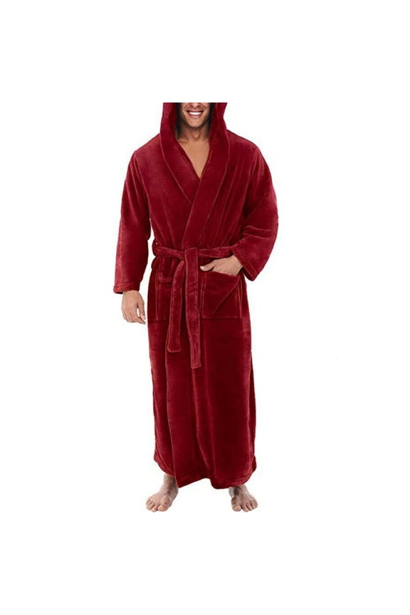 Men Soft Coral Fleece Solid Color Pockets Long Bath Robe Home Gown Sleepwear